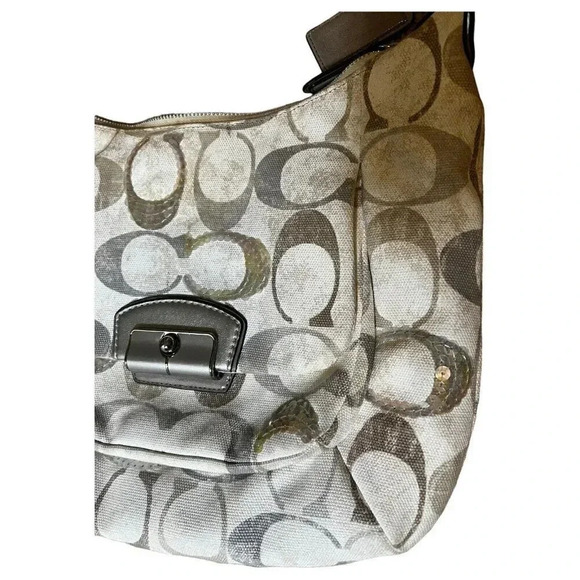 Coach Kristin Sequin Embellished Canvas Hobo Shoulder Bag 19340 Beige Signature - Picture 3 of 9